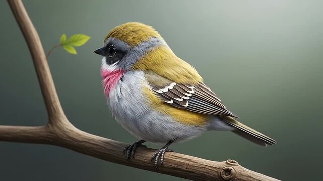 A cute fluffy bird with colorful pink and yellow plumage perches on a bare tree branch