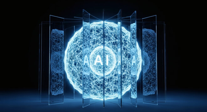 Abstract representation of Artificial Intelligence concept visualized as a glowing neural network or digital brain with AI acronym