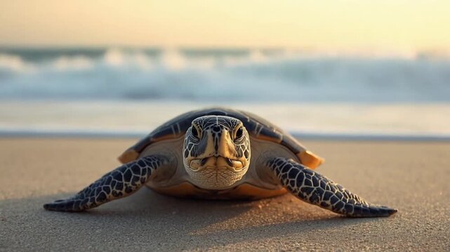 Sea Turtle Crawling Across Sandy Beach Toward Ocean