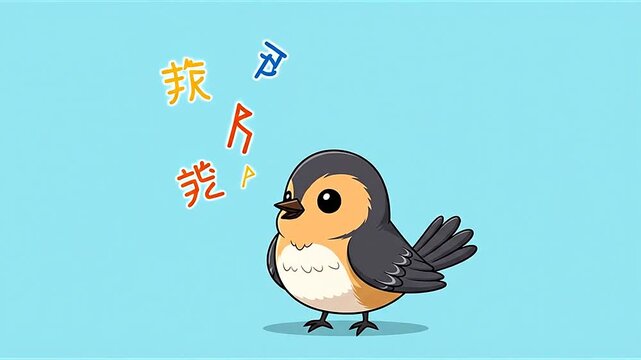 Cute cartoon bird chirping with colorful floating letters and symbols on a blue background