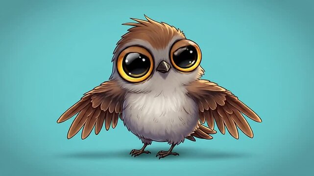 Cute cartoon baby bird with large expressive eyes standing against a simple blue background