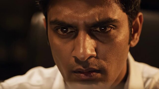 A man with a serious expression on his face.