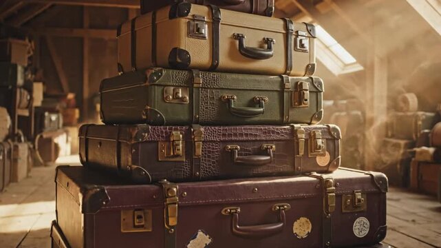 A stack of vintage trunks and suitcases in an old attic with sunlight streaming through the window