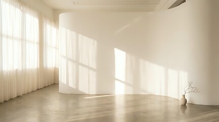 Obraz premium Empty minimalist room with large windows casting natural sunlight shadows on white walls and wooden floor for interior design projects.