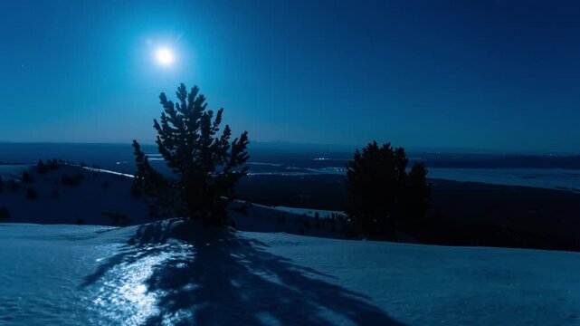 Moonlit pine tree casting a moving shadow across icy snow on a ridge above a winter valley at night, time lapse