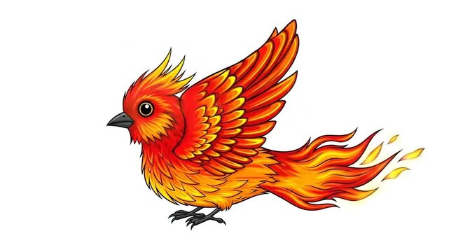 Cute cartoon phoenix bird with fiery feathers and flaming tail