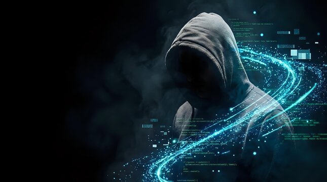 Anonymous hooded figure surrounded by glowing blue digital data streams and cyber network connections representing cybersecurity threats and hacking.