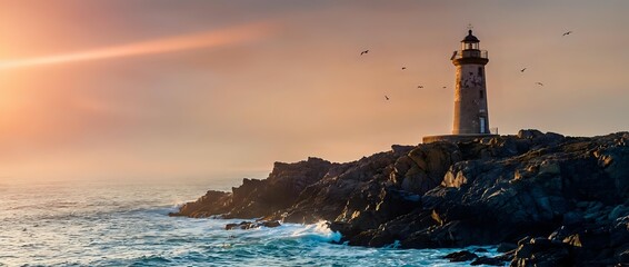 Fototapeta premium Lighthouse on rocky coastline at sunset with dramatic sky and ocean waves crashing against cliffs. Maritime navigation beacon tower on rugged shore during golden hour.
