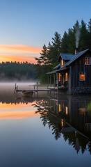 Obraz premium Serene Lakeside Cabin at Dawn with Misty Reflections and Warm Interior Glow.