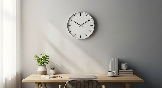 A modern desk with a clock on the wall and a plant on the table in a bright room