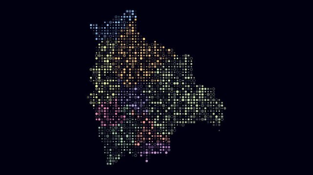 Bolivia map animation. Shape of the country with pulsating colored dots. Small size circle blocks. Digital style Bolivia map on dark background. Amazing video.