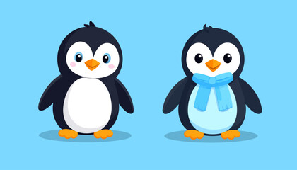 Obraz premium Cute Penguin Cartoon Illustration on Blue Background