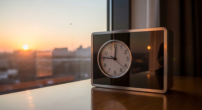 A clock sits on a table by a window during a city sunset.