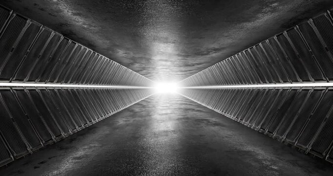 Symmetrical industrial tunnel with bright light at center 3d loop animation
