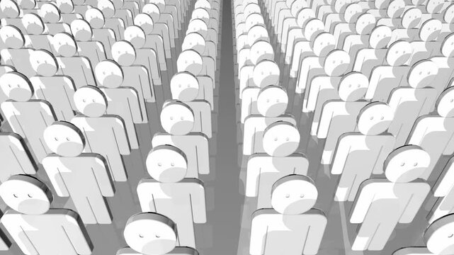 無表情で整列する画一的なアイコンの人々　影　3Dアニメーション