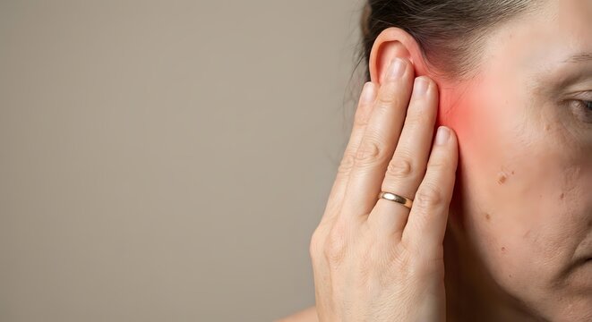 Woman touching ear with red inflammation showing pain from infection or hearing problem on neutral background for medical healthcare concept.