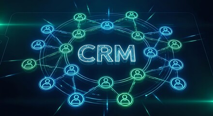 Fototapeta premium CRM customer relationship management concept with glowing network of connected user icons on dark digital background for business technology solutions.