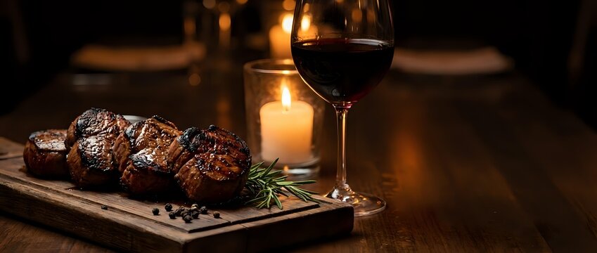 Grilled beef steaks with herbs on wooden board, red wine glass and candles creating warm romantic dining atmosphere for restaurant menu design.