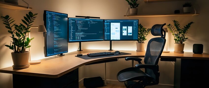 Modern home office workspace with dual monitor setup displaying code on wooden desk with ergonomic chair and plants in warm ambient lighting.