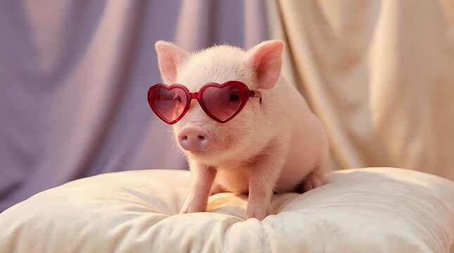 Adorable pink piglet wearing heart-shaped sunglasses sitting on soft bedding with warm lighting for cute animal photography and lifestyle content.