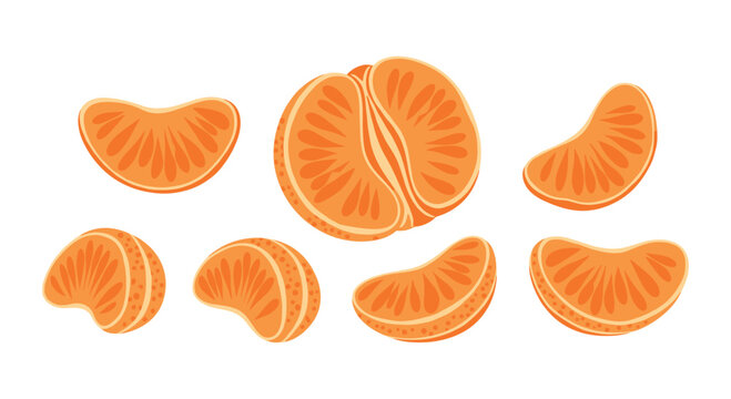 A collection of seven vibrant tangerine pieces, including one whole peeled fruit and six individual segments, are scattered on a white background.