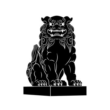 Black and white illustration of a traditional Shisa statue on white background.