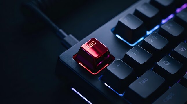 Red escape key glowing on dark gaming keyboard with RGB lighting for cybersecurity, hacking, and digital technology concepts.