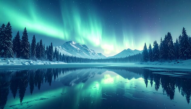 Brilliant green aurora lights sweep across a crystal night sky above snowy mountains and silent pine forests. Their glow reflects perfectly on the calm lake, creating a breathtaking winter scene of pu