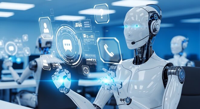 3d render of an abstract blue background_Futuristic AI Customer Service Robot Working in Modern Office