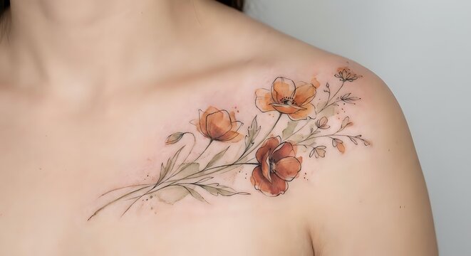 Delicate floral tattoo with orange poppies on woman's shoulder and collarbone area showcasing botanical ink art and feminine body modification style.