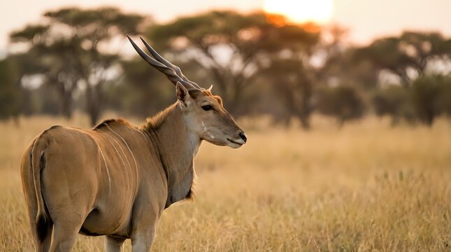 Majestic eland antelope standing in golden African savanna grassland during sunset with acacia trees in background creating warm atmospheric wildlife scene.