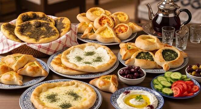 Arabic Fatayer and Manakeesh Pastries Traditional Middle Eastern Breakfast
