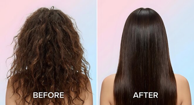 Hair transformation before and after keratin treatment showing frizzy curly hair becoming smooth straight sleek brunette hair on woman back view.