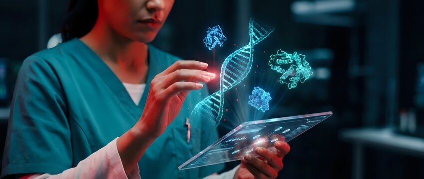 Female healthcare professional using tablet with holographic DNA and molecular structures in modern medical laboratory setting for genetic research.