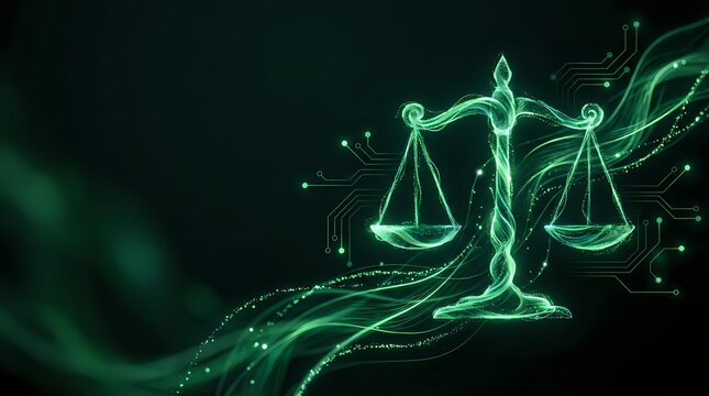 Digital justice scales glowing in green neon light with flowing energy particles and circuit patterns on dark background for legal technology concepts.