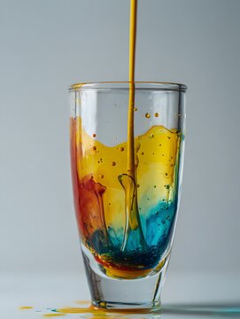 Colorful liquid pou into a clear glass creating vibrant abstract swirling patterns with smooth flow and bright illumination