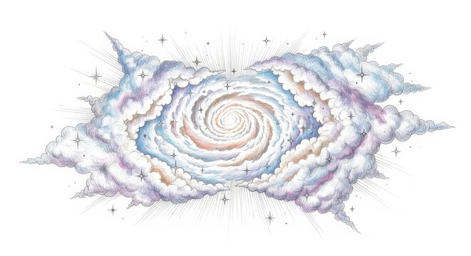 Digital illustration of a swirling celestial cloud vortex and galaxy portal with stars on a white background