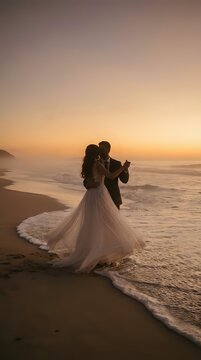 Romantic newlywed couple dancing on beach at sunset during golden hour wedding celebration with ocean waves and dramatic sky creating intimate moment.