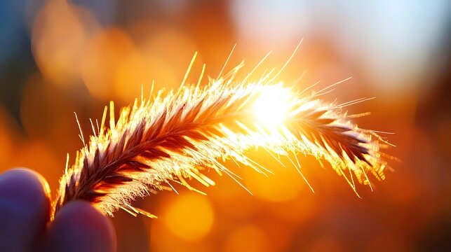 Delicate feather backlit by warm golden sunlight creating magical bokeh effect with soft orange and yellow tones in dreamy atmospheric background.