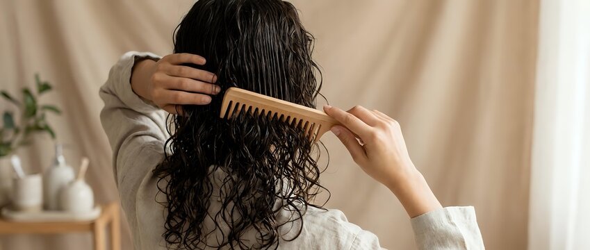 Young woman with long curly dark hair combing wet hair with wooden comb in bathroom. Natural hair care routine and healthy lifestyle concept.