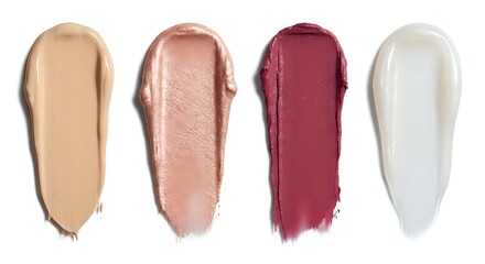 Fototapeta premium Cosmetic makeup foundation concealer lipstick swatches in nude beige rose gold burgundy white colors isolated on white background for beauty products.