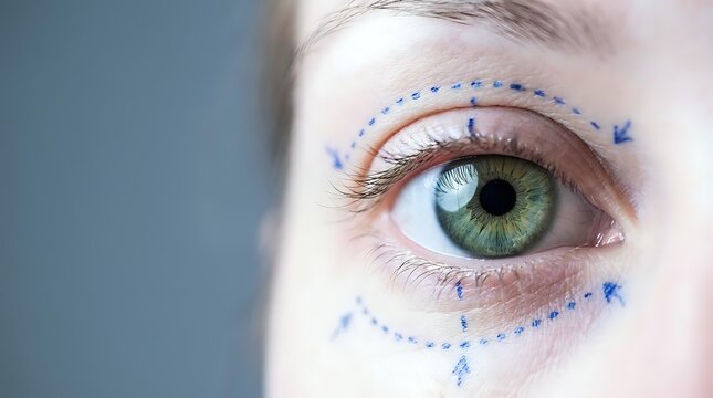 Close-up of green eye with surgical markings showing cosmetic surgery planning for blepharoplasty or eyelid lift procedure on female patient.