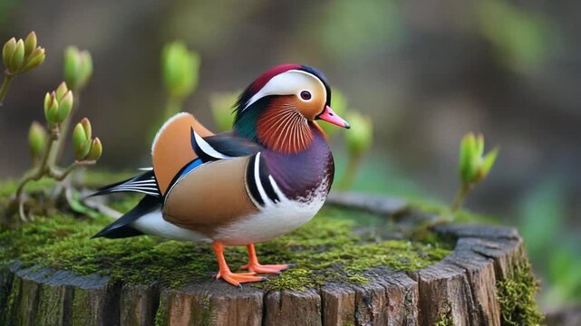 Colorful mandarin duck perched on mossy log in nature