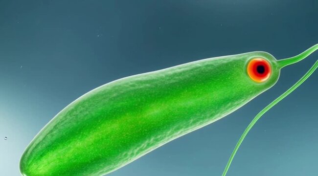 Euglena Microorganism with Flagellum and Eyespot Under Microscope.