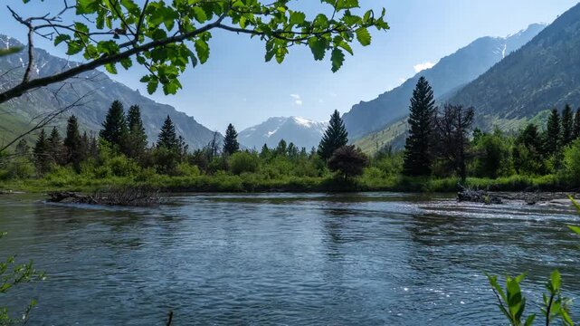 Mountain river flowing past green trees below rugged peaks with leafy branches framing the view, East Rosebud, Montana, time lapse