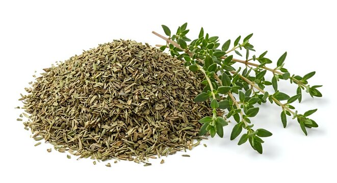 Dried thyme herb pile with fresh green thyme sprigs on white background. Culinary seasoning spice for cooking and food preparation isolated.
