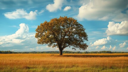 Obraz premium A single tree stands tall in a golden field against a blue sky with white clouds.