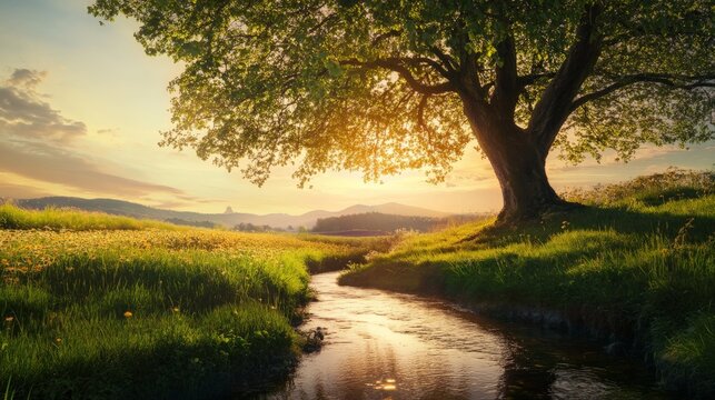 A lone tree stands tall on a grassy hill with a stream flowing through the valley, bathed in the golden light of a setting sun.