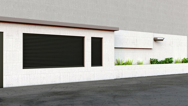 Modern Minimalist White Building Facade with Black Window Shutters and Outdoor Planters, 3D Render Architectural Visualization
