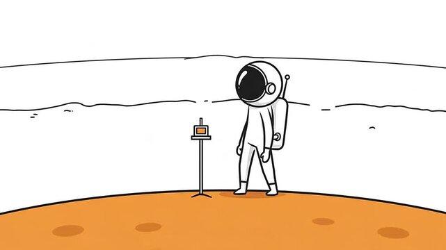 Cartoon astronaut exploring an alien planet surface with a scientific probe